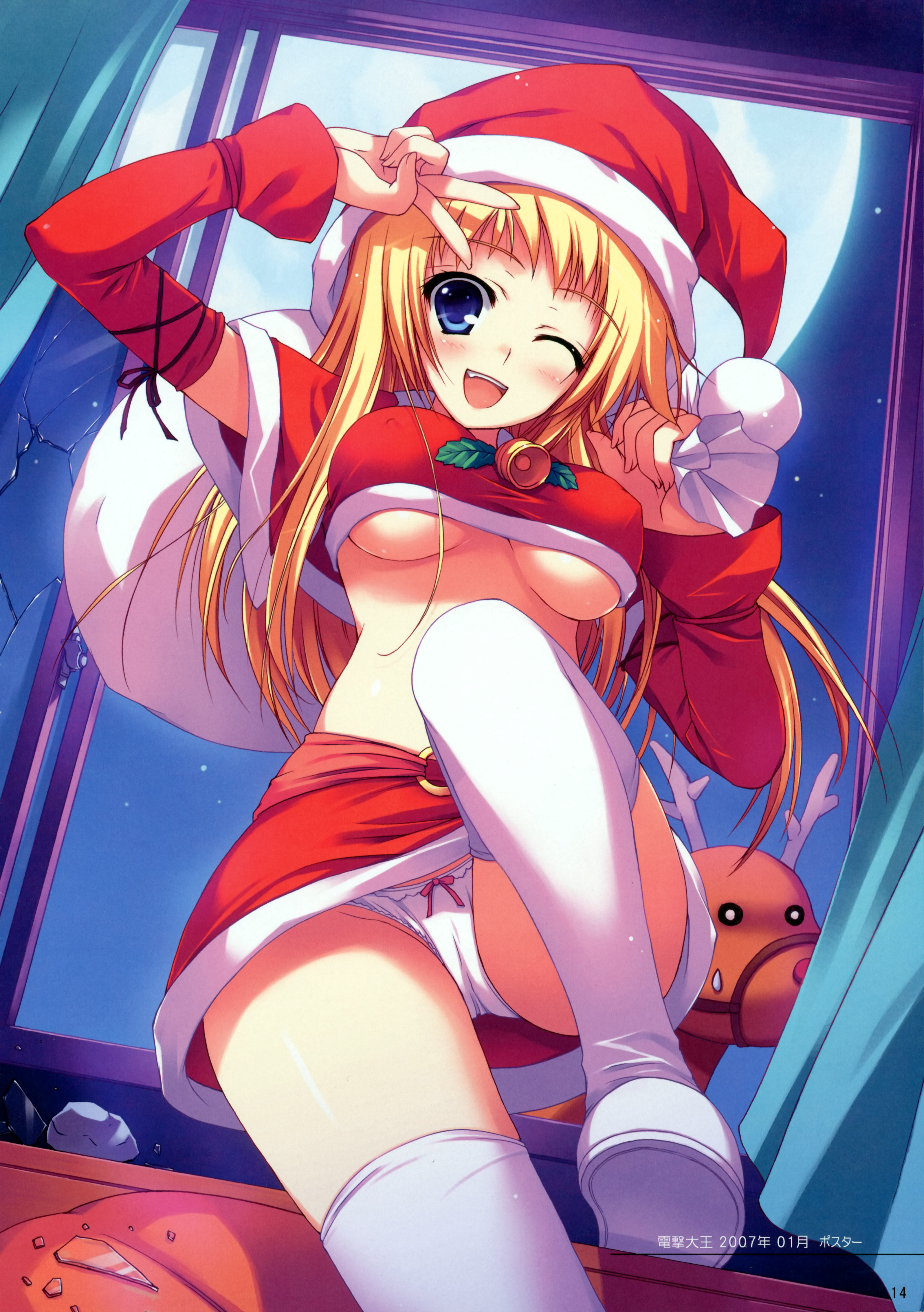 tomose shunsaku, absurdres, highres, scan, 1girl, bag, bandeau, bell, blonde hair, blue eyes, blush, bow, bow panties, breasts, broken glass, christmas, covered erect nipples, detached sleeves, female focus, from below, glass, hat, large breasts, long hair, miniskirt, moon, night, one eye closed, open mouth, panties, pantyshot, reindeer, sack, santa costume, santa hat, skirt, sky, solo, star (symbol), strapless, thighhighs, tube top, underboob, underwear, v, white panties, white thighhighs, window, wink