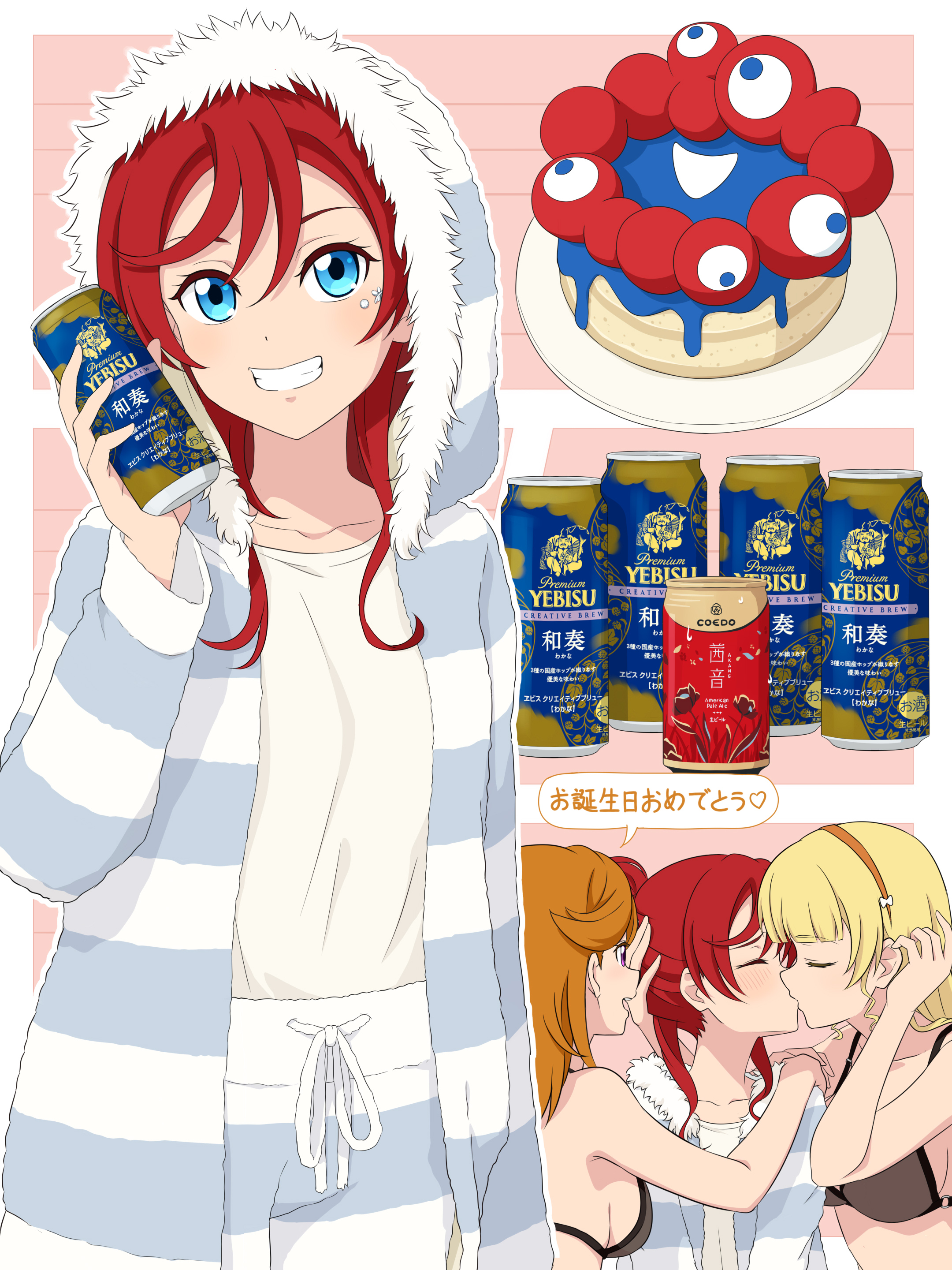 laofuzi dai bansho, heanna sumire, shibuya kanon, yoneme mei, love live!, love live! superstar!!, absurdres, commentary, highres, 3girls, birthday, birthday cake, blonde hair, blue eyes, bra, cake, can, catchu! (love live!), collarbone, drink, food, grin, hair down, hairband, holding, holding can, holding drink, hood, hooded jacket, jacket, multiple girls, orange hair, orange hairband, red hair, smile, underwear, upper body, yuri