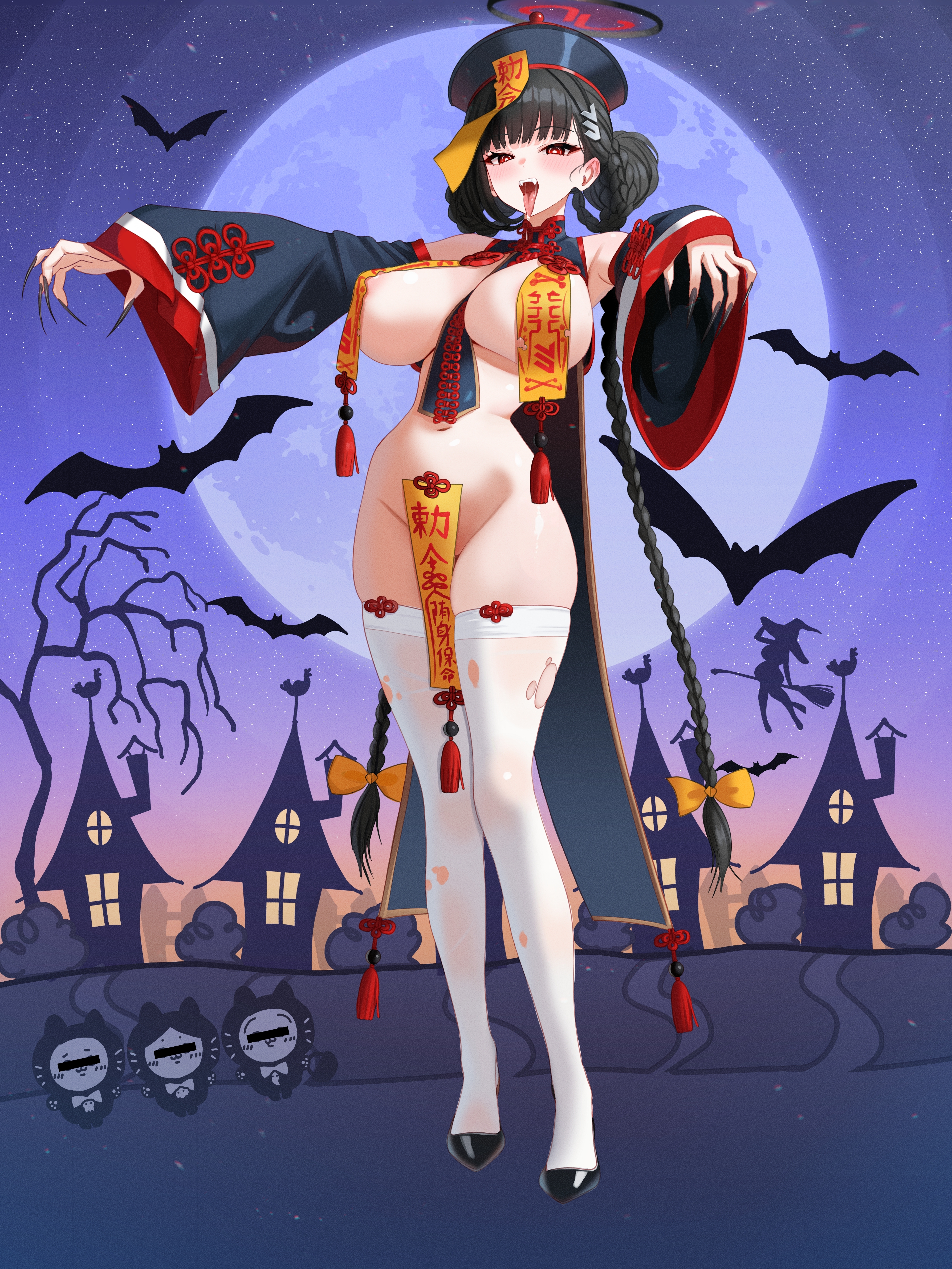 mizikayo, rio (blue archive), blue archive, absurdres, commentary request, highres, 1girl, alternate costume, areola slip, bare tree, bat (animal), black hair, black hat, black nails, black shoes, black sleeves, blush, breasts, bright pupils, claw pose, detached sleeves, fingernails, full body, hair ornament, hairclip, halloween costume, halo, hat, hat ornament, house, jiangshi, jiangshi costume, large breasts, long fingernails, long hair, looking at viewer, maebari, millennium science school logo, navel, ofuda, ofuda on clothes, ofuda on head, ofuda on nipples, ofuda on pussy, outstretched arms, pasties, pelvic curtain, qingdai guanmao, red eyes, sharp fingernails, shoes, solo, standing, stomach, thighhighs, thighs, tree, very long fingernails, very long hair, white pupils, white thighhighs, wide sleeves, zombie pose