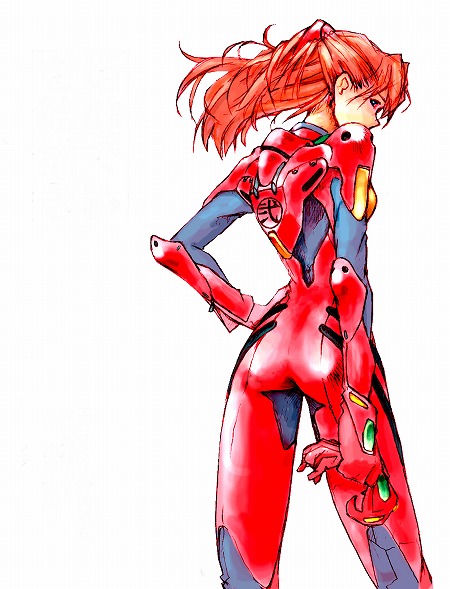 kotatsu-spirit, souryuu asuka langley, neon genesis evangelion, clothes writing, covered mouth, from behind, gloves, hair between eyes, hand on own hip, hip focus, holding gloves, holding unworn clothes, legs apart, long hair, looking back, mecha pilot suit, orange hair, parted bangs, plugsuit (evangelion), red hair, simple background, solo, standing, two side up, unworn gloves, white background