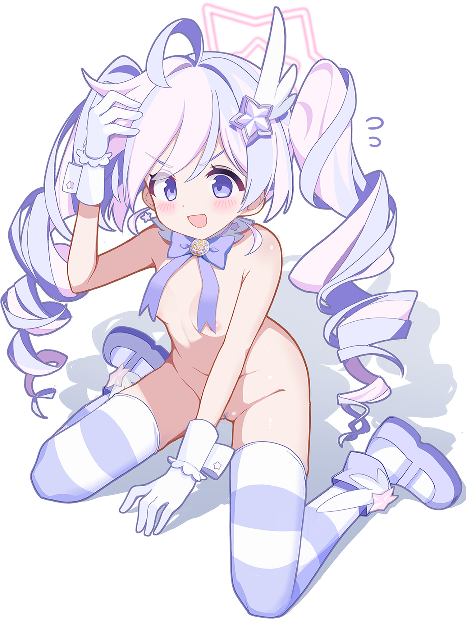 yurikawa chatora, reisa (blue archive), reisa (magical) (blue archive), blue archive, highres, 1girl, ahoge, bow, bowtie, breasts, detached collar, drill hair, female pubic hair, gloves, hair ornament, halo, long hair, magical girl, multicolored hair, navel, nude, official alternate hairstyle, open mouth, pink hair, pubic hair, purple bow, purple bowtie, purple eyes, purple hair, small breasts, star (symbol), star hair ornament, star halo, striped clothes, striped thighhighs, thighhighs, twin drills, two-tone hair, white gloves, wing hair ornament