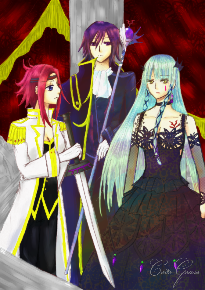 c.c., kouzuki kallen, lelouch vi britannia, code geass, bad id, bad pixiv id, 00s, 1boy, 2girls, blue eyes, breasts, cleavage, dress, formal clothes, large breasts, long hair, multiple girls, purple eyes, red hair, sword, weapon
