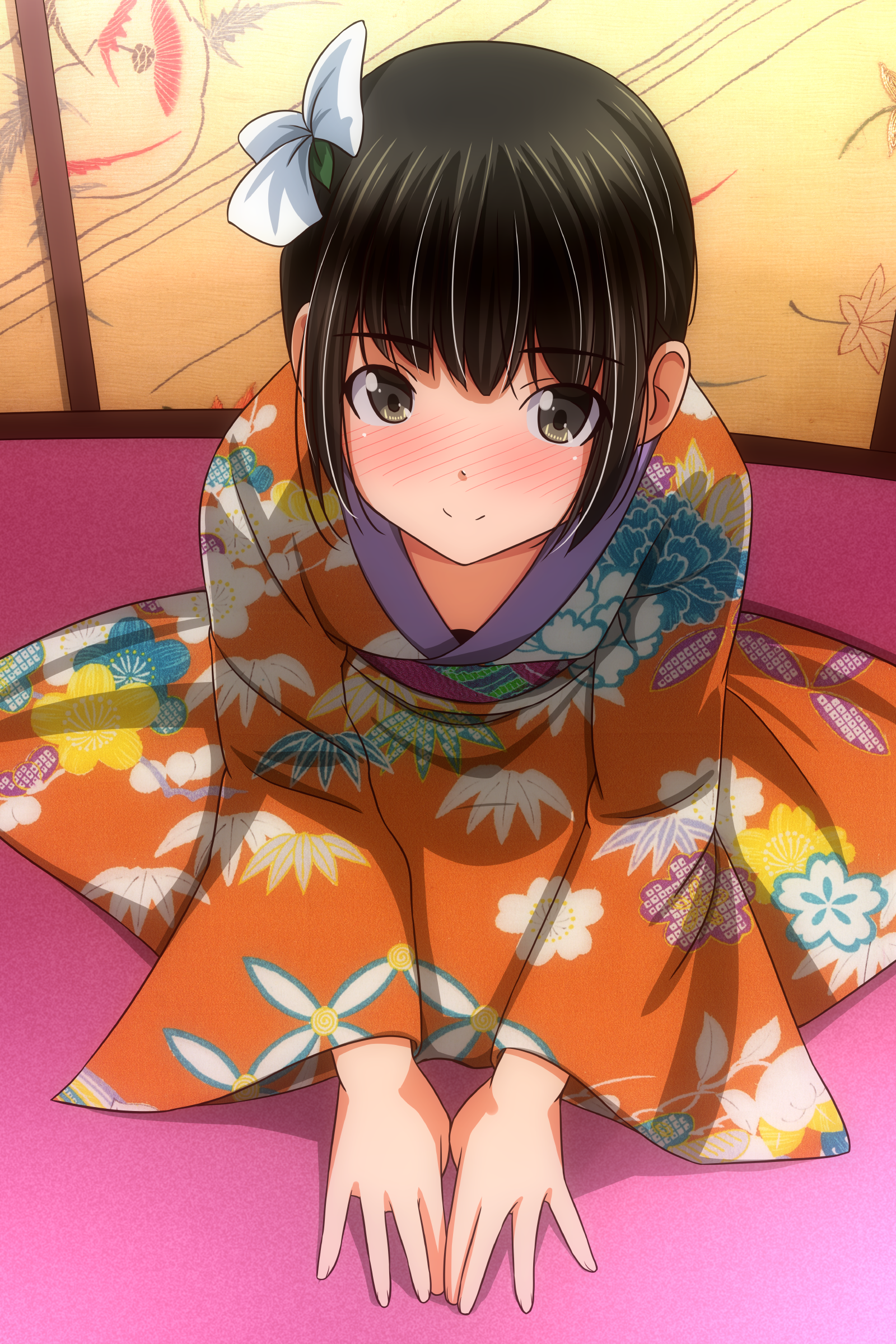 matsunaga kouyou, original, absurdres, highres, 1girl, black hair, blush, closed mouth, floral print, floral print kimono, flower, hair between eyes, hair flower, hair ornament, japanese clothes, kimono, looking at viewer, on floor, orange kimono, print kimono, privacy screen, short hair, sidelocks, sitting, smile, solo, wariza, white flower, wide sleeves, yellow eyes