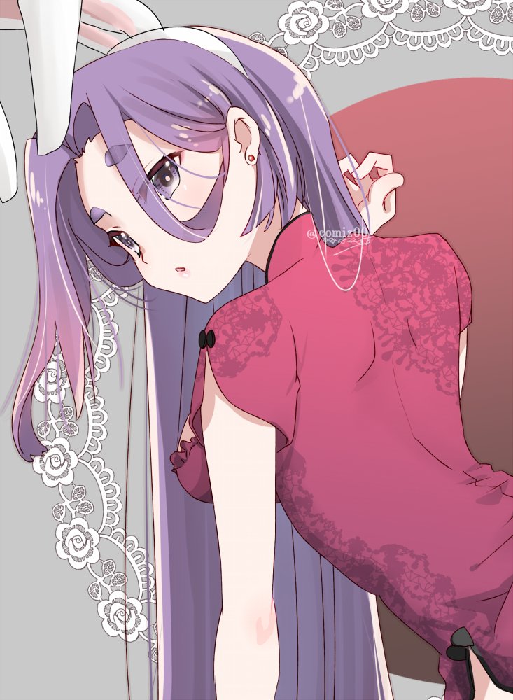 kimura shiki, hatsuharu (kancolle), kantai collection, commentary request, 1girl, alternate costume, alternate hairstyle, animal ear hairband, animal ears, china dress, chinese clothes, dress, fake animal ears, hair between eyes, hair down, hairband, leaning forward, long hair, purple eyes, purple hair, red dress, short eyebrows, solo, thick eyebrows