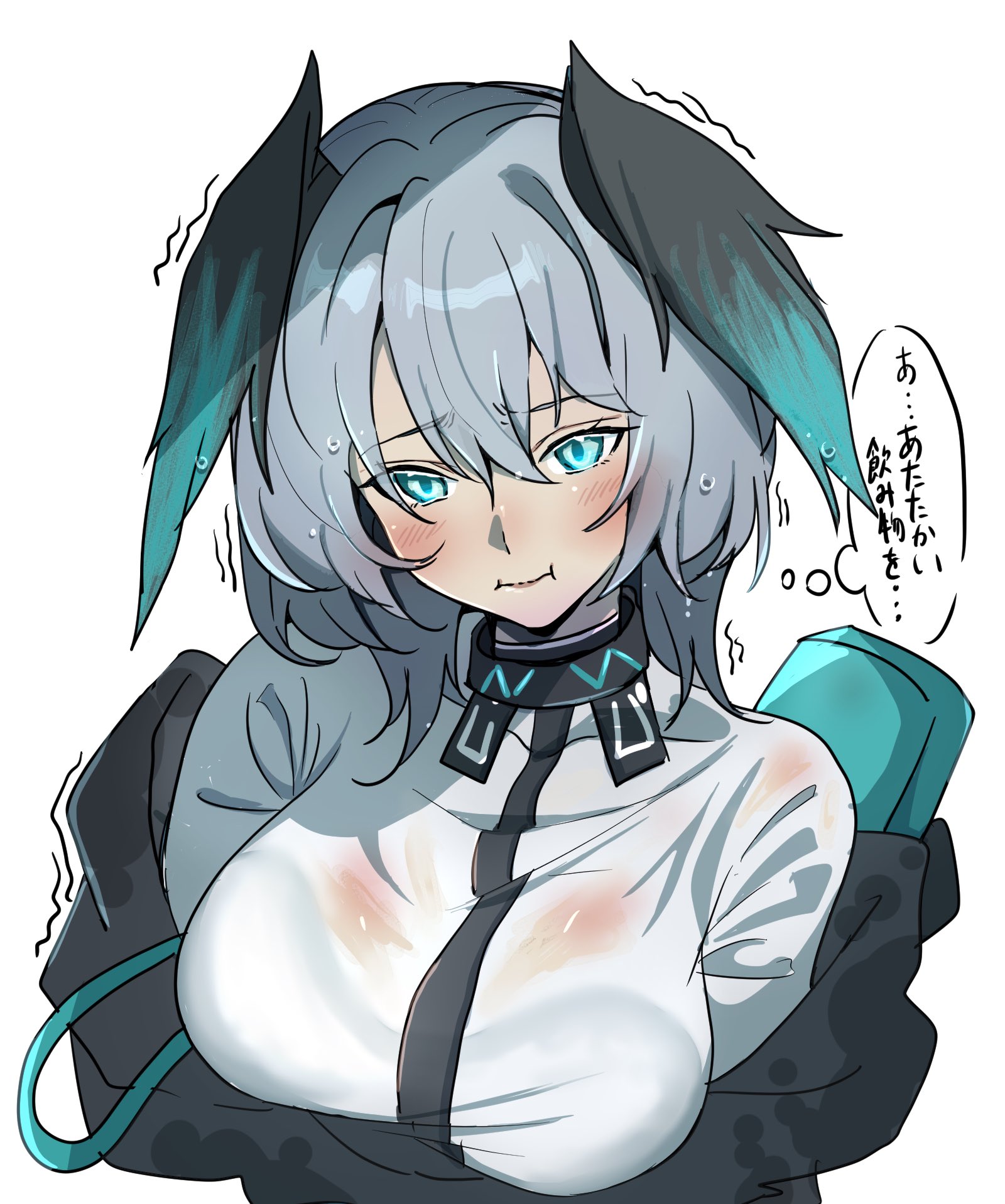 nagi (naginagi102710), ho'olheyak (arknights), infection monitor (arknights), arknights, commentary request, highres, translation request, 1girl, aqua eyes, aqua feathers, aqua wings, breasts, closed mouth, dress, grey hair, head wings, large breasts, medium hair, pencil dress, simple background, solo, two-tone feathers, two-tone wings, upper body, wet, wet clothes, wet dress, white background, wings