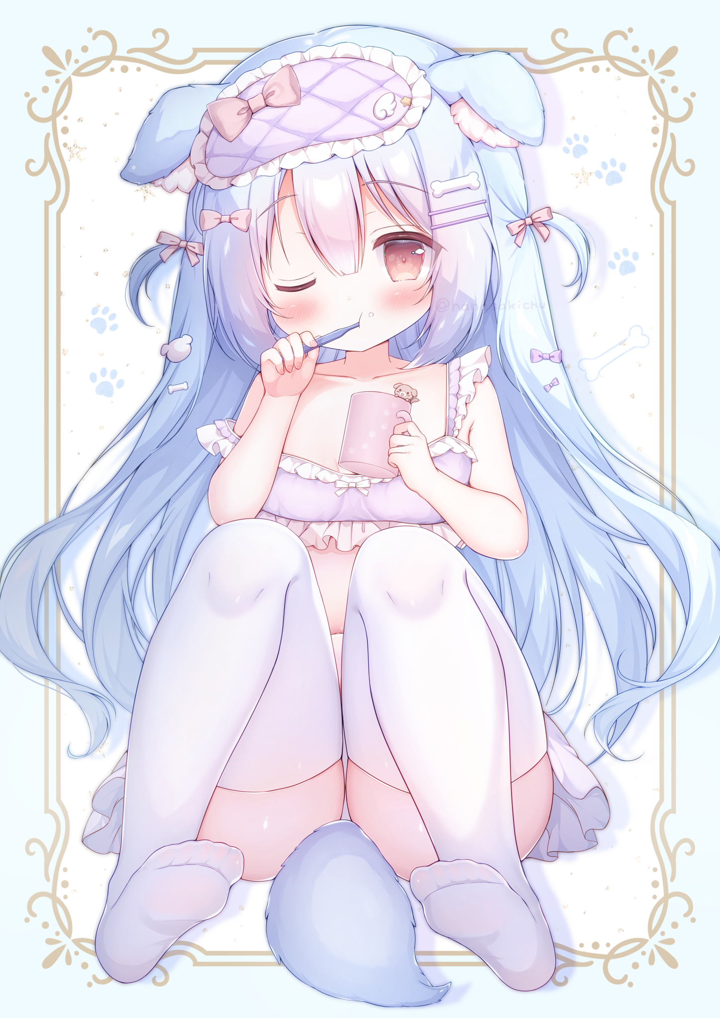 hanasakichu, original, commentary request, highres, 1girl, animal ear fluff, animal ears, bare arms, bare shoulders, blush, bone hair ornament, bow, brown eyes, brushing teeth, cup, dog ears, dog girl, dog tail, full body, hair between eyes, hair bow, hair ornament, hairclip, holding, holding cup, holding toothbrush, looking at viewer, no shoes, one eye closed, parallel hairclips, pink shirt, shirt, sitting, sleeveless, sleeveless shirt, solo, tail, thighhighs, toothbrush, two side up, white thighhighs