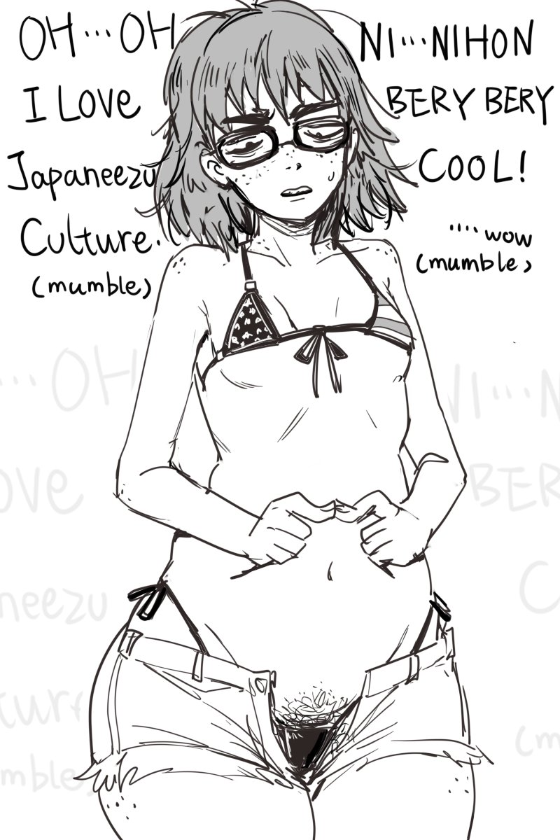 grunt frostwolf, original, highres, 1girl, american flag, american flag bikini, american flag print, bikini, body freckles, borrowed character, breasts, english text, female pubic hair, flag print, flag print bikini, freckles, glasses, greyscale, jimiko, medium hair, messy hair, monochrome, navel, neet girl (baalbuddy), print bikini, pubic hair, shoulder freckles, simple background, small breasts, swimsuit, thick eyebrows, white background