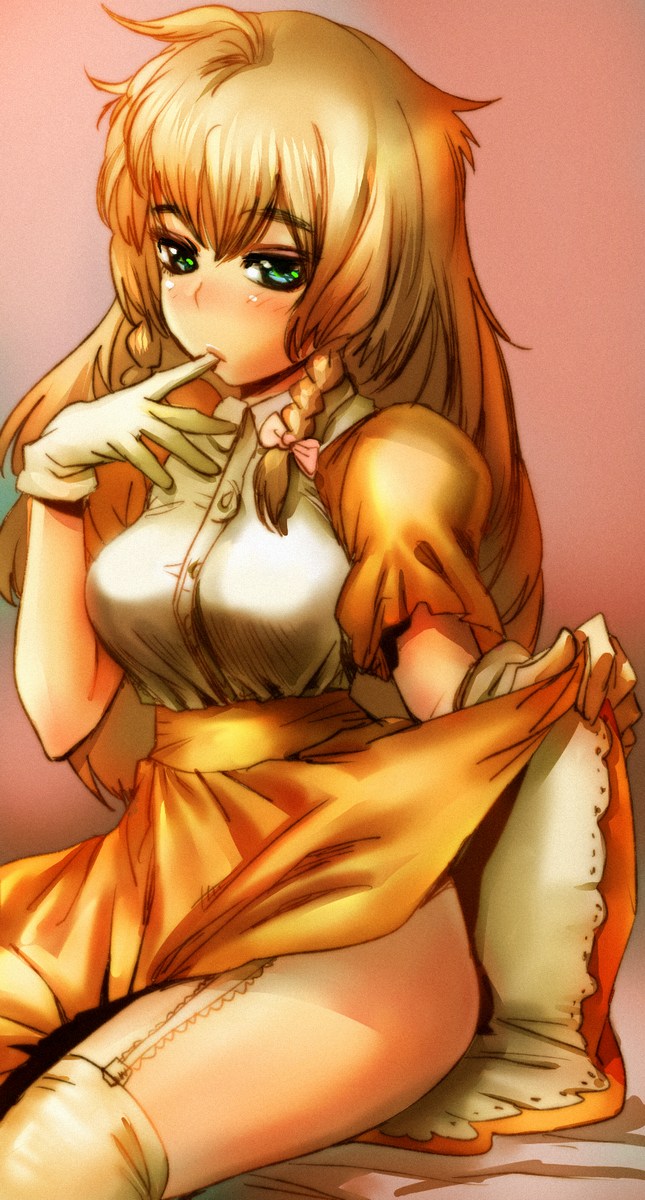 bow (bhp), anna miller, original, highres, 1girl, blush, braid, brown hair, clothes lift, dress, dress lift, female focus, garter belt, gloves, green eyes, legs, lingerie, long hair, naughty face, orange dress, orange skirt, petticoat, skirt, solo, thighhighs, twin braids, underwear, waitress, white thighhighs