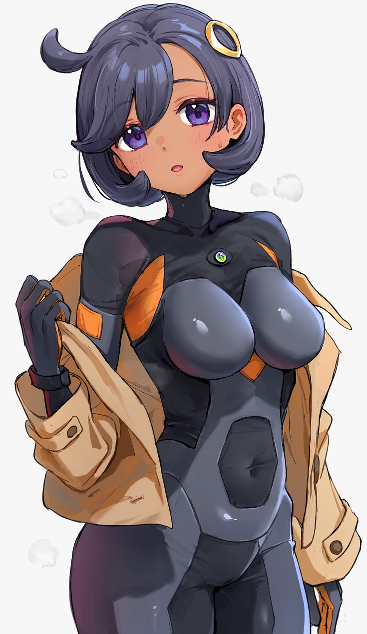 yomizu (rdad3278), emma (pokemon), nintendo, pokemon, pokemon legends: z-a, commentary request, highres, 1girl, black bodysuit, black hair, bob cut, bodysuit, breasts, brown jacket, covered navel, cowgirl position, jacket, looking at viewer, medium breasts, off shoulder, open clothes, open jacket, open mouth, purple eyes, short hair, simple background, solo, straddling, sweat, turtleneck, turtleneck bodysuit, white background