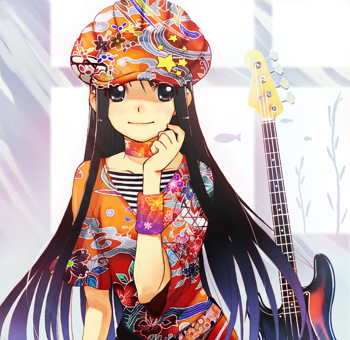 hirokiku, akiyama mio, k-on!, 00s, 1970s (style), 1girl, armband, bass guitar, black eyes, black hair, choker, female focus, guitar, hat, hippie, instrument, long hair, newsboy cap, oldschool, purple hair, retro artstyle, smile, solo