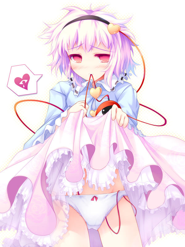 ai takurou, komeiji satori, touhou, 1girl, blush, clothes lift, female focus, hairband, heart, mouth hold, panties, pink hair, purple eyes, purple hair, red eyes, skirt, skirt lift, solo, spoken heart, underwear, white panties