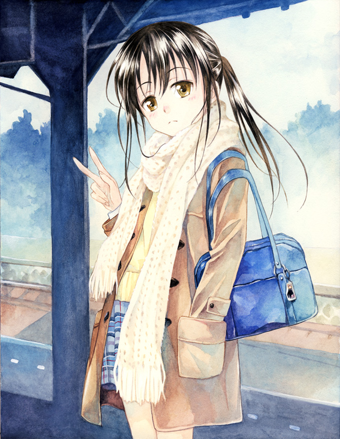 agahari, original, bad id, bad pixiv id, traditional media, bag, blush, brown eyes, brown hair, coat, scarf, skirt, solo, train station, twintails, v