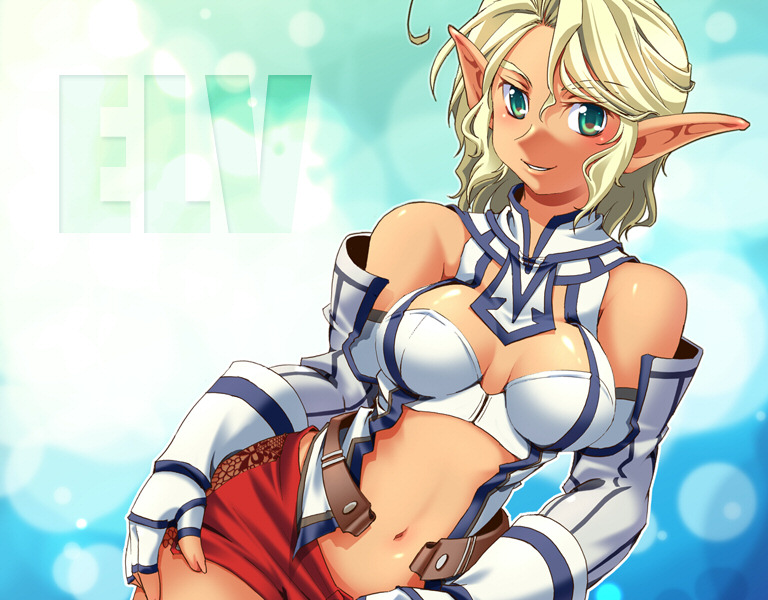 katy (artist), elvaan, final fantasy, final fantasy xi, 00s, 1girl, blonde hair, breasts, cleavage, detached sleeves, elf, female focus, green eyes, large breasts, midriff, pointy ears, smile, solo