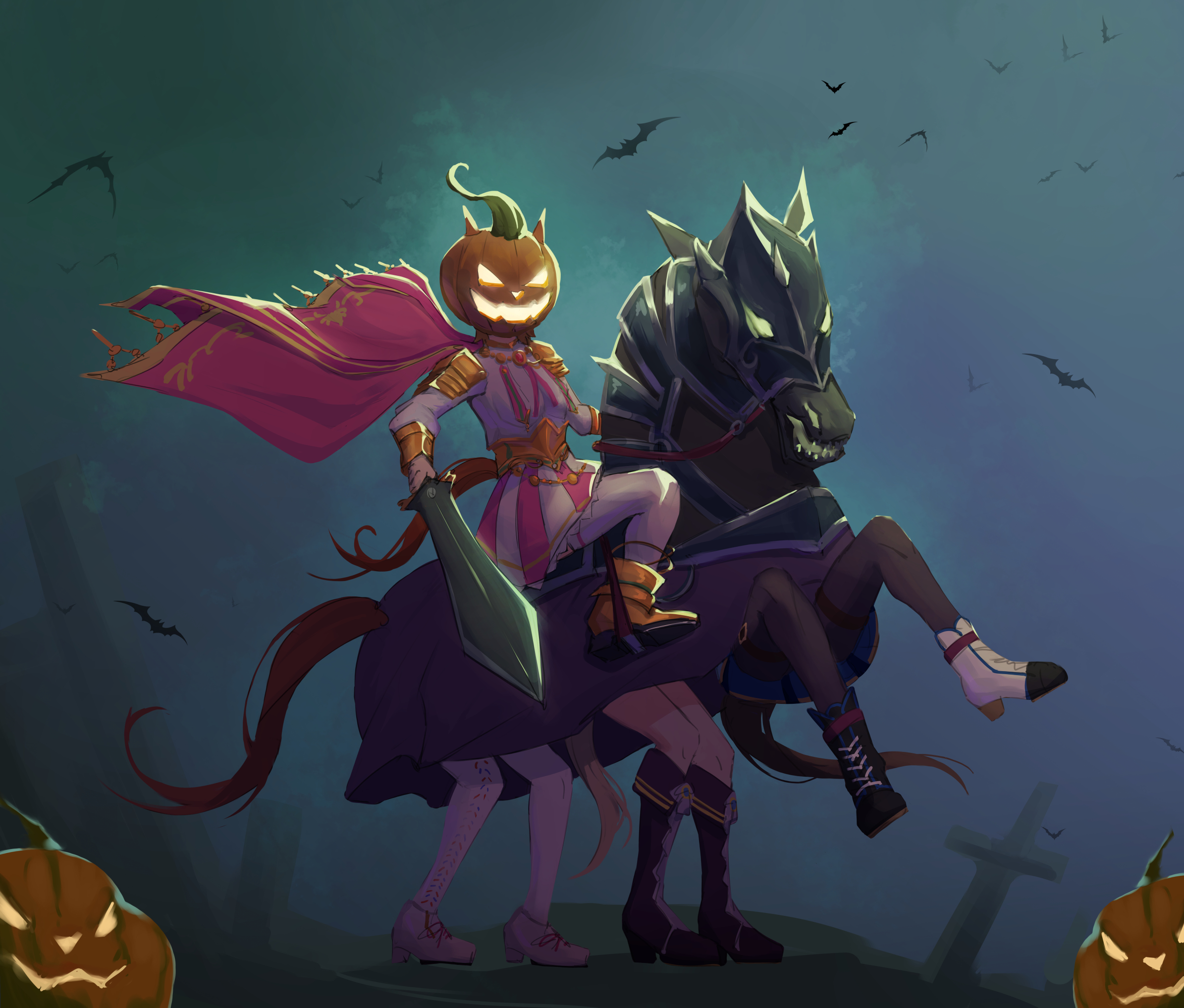 cai ji (user jmrv4342), admire vega (starry nocturne) (umamusume), admire vega (umamusume), headless horseman, meisho doto (turbulent blue) (umamusume), meisho doto (umamusume), narita top road (the proud road) (umamusume), narita top road (umamusume), t.m. opera o (o sole suo!) (umamusume), t.m. opera o (umamusume), umamusume, chinese commentary, commentary request, highres, 4girls, animal costume, bat (animal), boots, cape, full body, glowing, halloween, halloween costume, holding, holding sword, holding weapon, horse costume, horse tail, jack-o'-lantern, lifting person, long sleeves, multiple girls, night, outdoors, pantyhose, shirt, sitting, sitting on person, skirt, standing, sword, tail, tombstone, weapon