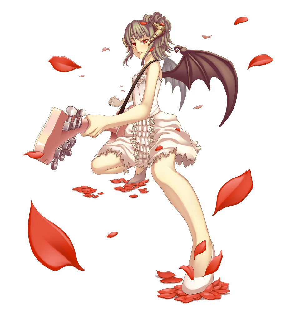 terumii, original, blush, demon girl, dress, green hair, guitar, horns, instrument, legs, lips, petals, short hair, solo, squatting, torn clothes, wings
