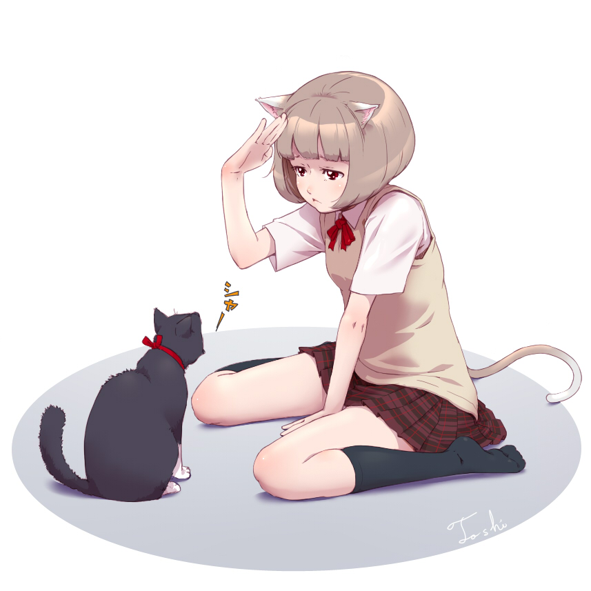 toshi punk, original, 1girl, :<, animal ears, arm support, black socks, blush, bob cut, brown hair, cat, cat ears, cat tail, circle, female focus, kneehighs, kneeling, no shoes, plaid clothes, plaid skirt, pleated skirt, ribbon, salute, short hair, signature, simple background, sitting, skirt, socks, solo, sweater, tail, vest, wariza
