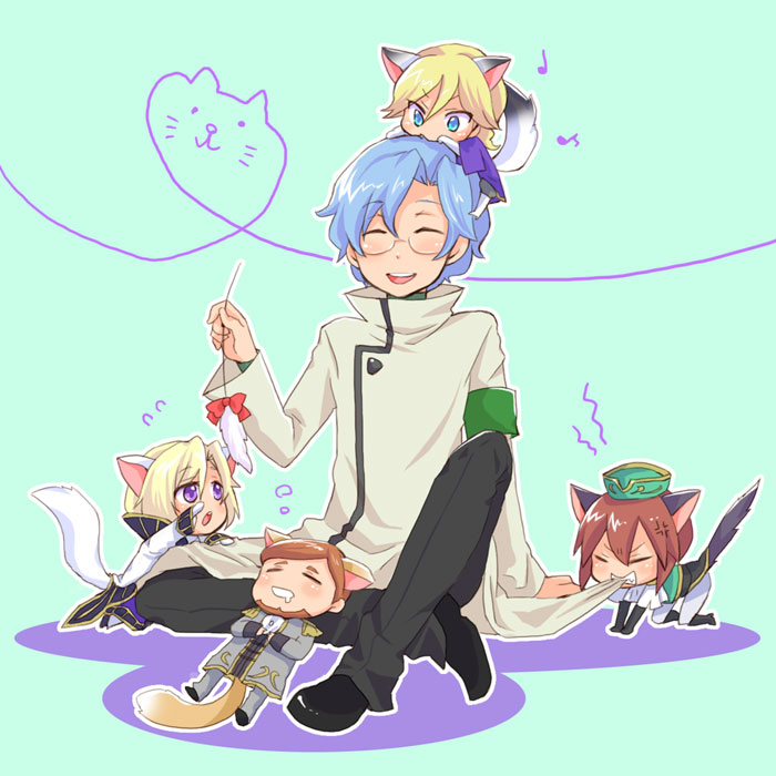 maki (maki88), clovis la britannia, kannon maldini, lloyd asplund, odysseus eu britannia, schneizel el britannia, code geass, 00s, 5boys, animal ears, blush, cat teaser, catnip, chibi, male focus, multiple boys, sleeping, tail