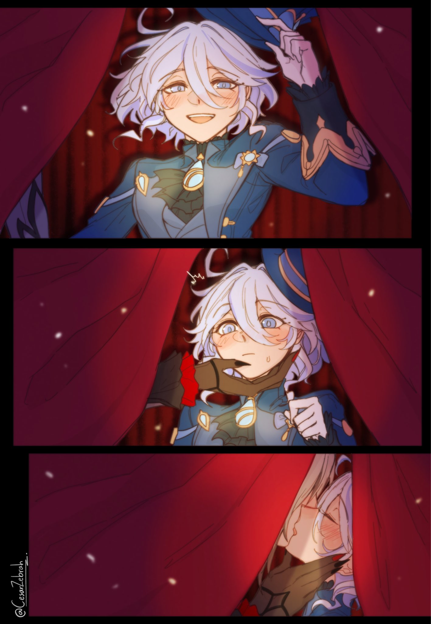 cesar zebrah, arlecchino (genshin impact), furina (genshin impact), genshin impact, commentary, english commentary, highres, 2girls, black hands, blue eyes, blue hair, blue jacket, blue streaks, blush, claws, closed eyes, colored extremities, curtains, french kiss, hand on another's face, hat tip, heterochromia, jacket, kiss, looking at viewer, mismatched pupils, multiple girls, open mouth, smile, stage curtains, yuri