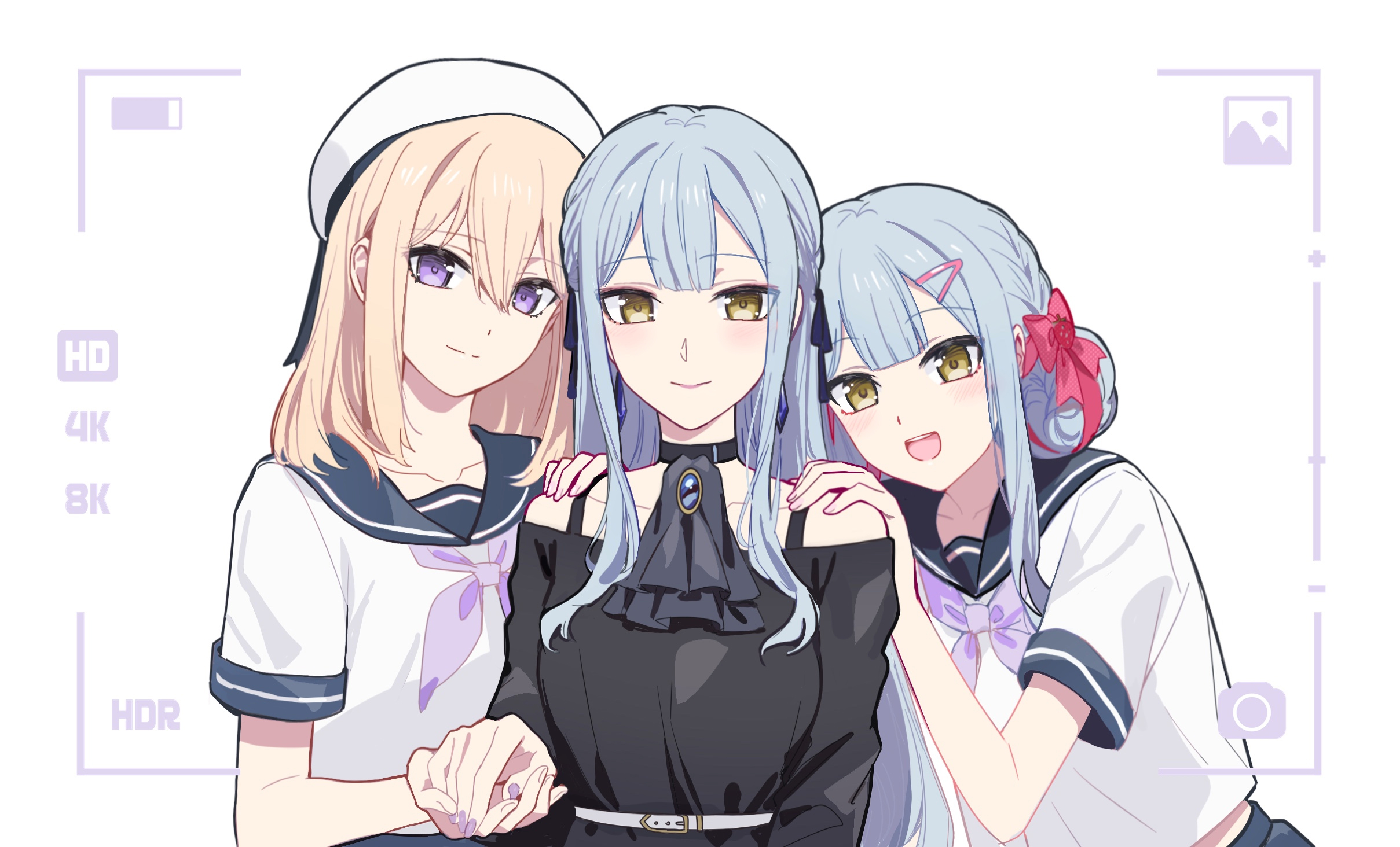 usamin (megumikira), misumi uika, togawa sakiko, bang dream!, bang dream! it's mygo!!!!!, sweets paradise, commentary request, highres, 3girls, battery indicator, belt, black choker, black shirt, blonde hair, blue hair, blue sailor collar, choker, closed mouth, hair ornament, hair ribbon, hairclip, hands on another's shoulders, holding hands, long hair, multiple girls, neckerchief, off-shoulder shirt, off shoulder, pink nails, purple nails, purple neckerchief, ribbon, sailor collar, school uniform, serafuku, shirt, short sleeves, sidelocks, upper body, viewfinder, white belt, white sailor collar, white shirt