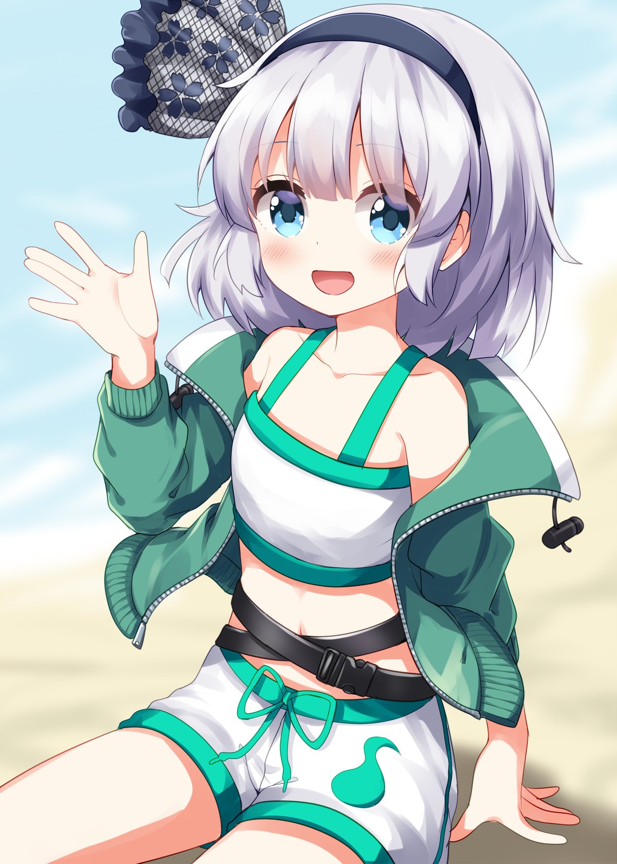 ruu (tksymkw), konpaku youmu, konpaku youmu (sunny dual-wielder), touhou, touhou lostword, commentary, highres, 1girl, :d, bare shoulders, bikini, bikini top only, black hairband, blue eyes, blush, bow hairband, collarbone, cowboy shot, green jacket, grey hair, hairband, jacket, long sleeves, navel, open clothes, open jacket, open mouth, short hair, shorts, sitting, smile, solo, swimsuit, white bikini, white shorts