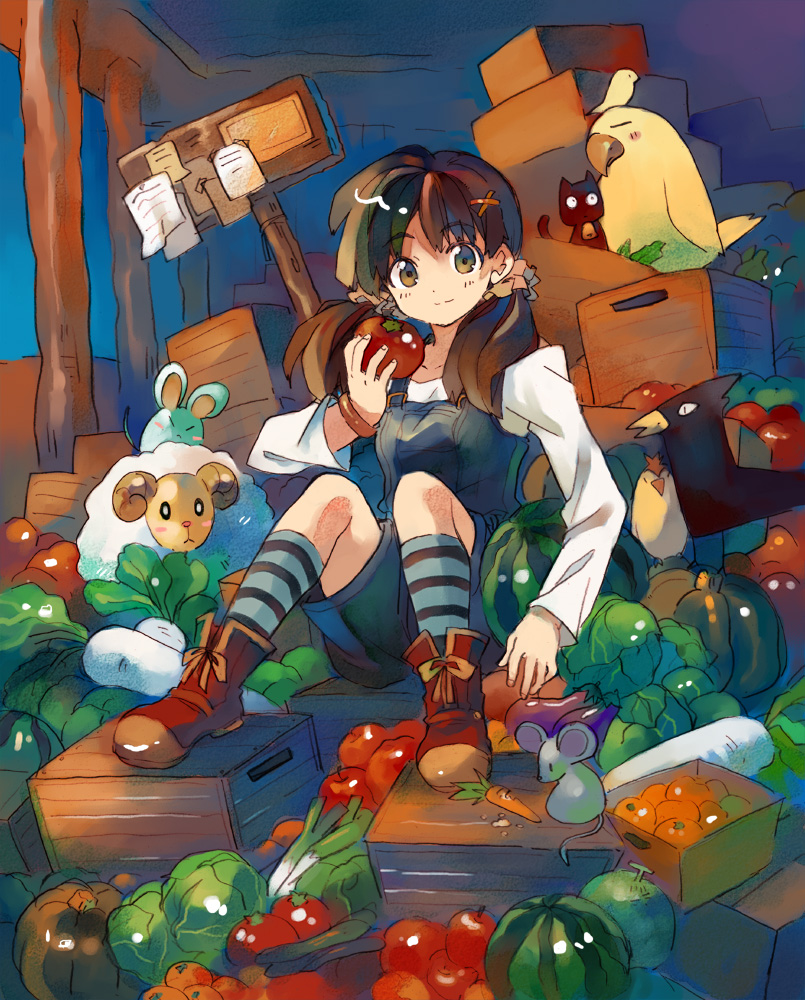 shatiko, original, bad id, bad pixiv id, animal, bird, blush, brown hair, carrot, cat, crow, daikon, food, fruit, mouse (animal), overalls, radish, sheep, smile, socks, solo, tomato, twintails, vegetable, watermelon