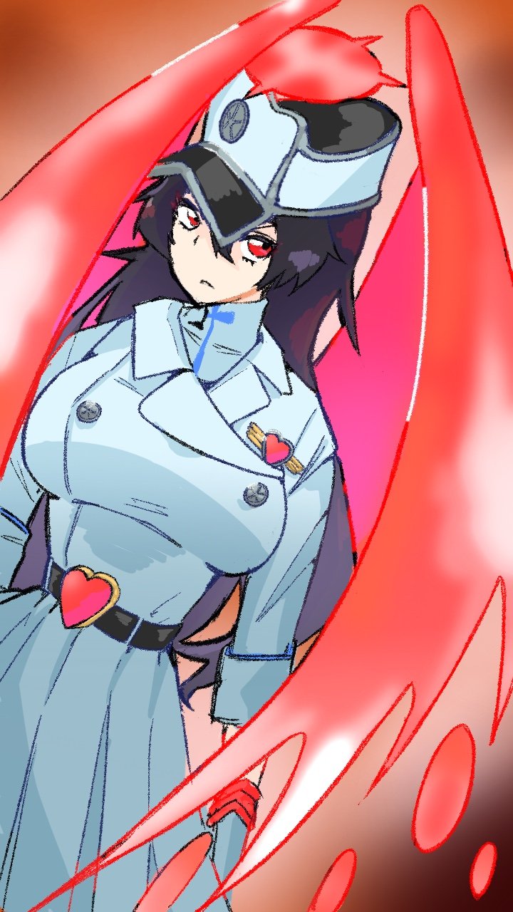 bambietta basterbine, bleach, bleach: sennen kessen-hen, commentary, highres, 1girl, belt, black belt, black hair, breasts, buckle, energy wings, halo, hat, heart, heart-shaped buckle, jacket, long hair, medium breasts, purple hair, quincy (bleach), red eyes, red halo, skirt, solo, spinosaur1111, sternritter, vollstandig, wandenreich uniform, white hat, white jacket, white skirt