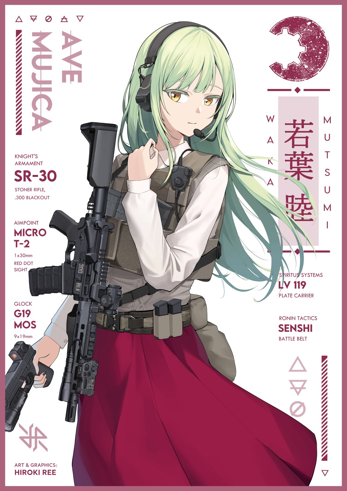 hiroki ree, wakaba mutsumi, bang dream!, bang dream! it's mygo!!!!!, highres, 1girl, ammunition belt, artist logo, artist name, assault rifle, belt, brown belt, bulletproof vest, character name, collared shirt, copyright name, glock, green hair, gun, handgun, headset, holding, holding gun, holding weapon, kac sr-15, logo, long hair, looking to the side, red skirt, rifle, shirt, skirt, solo, weapon, white shirt, yellow eyes