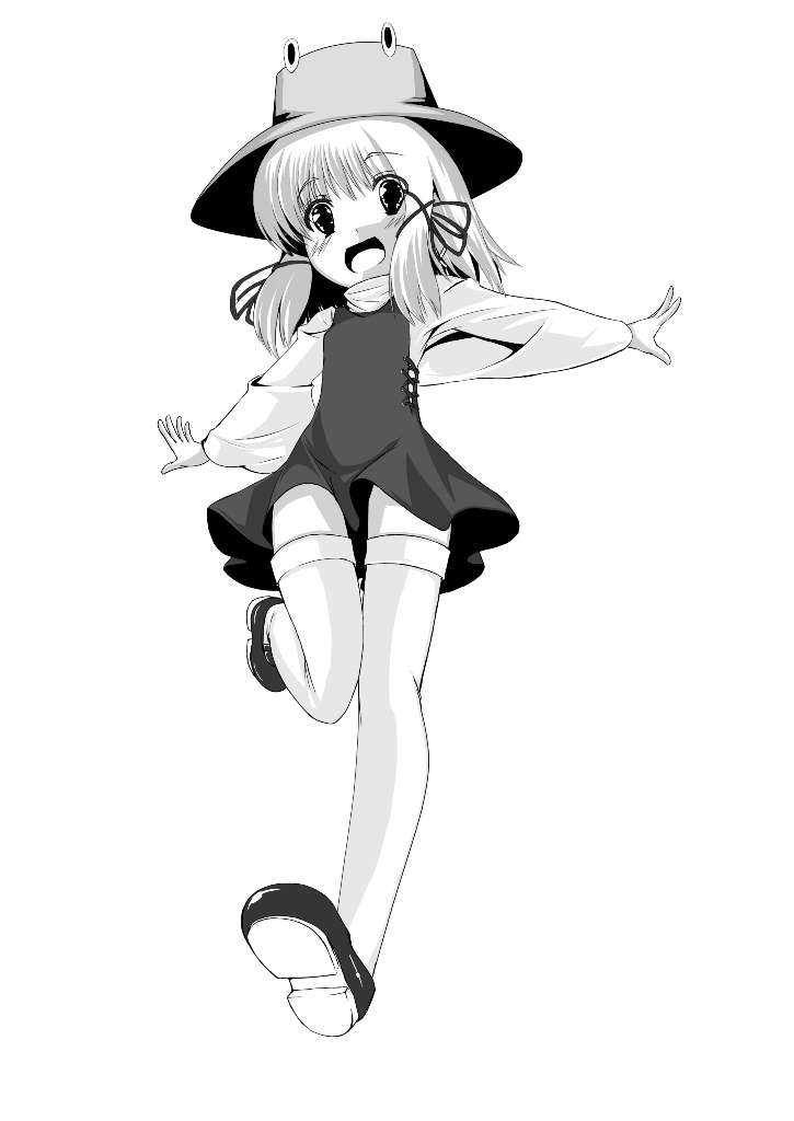 loa, passingpleasures, moriya suwako, touhou, bad id, bad pixiv id, 1girl, female focus, greyscale, hat, monochrome, open mouth, short hair, solo, thighhighs