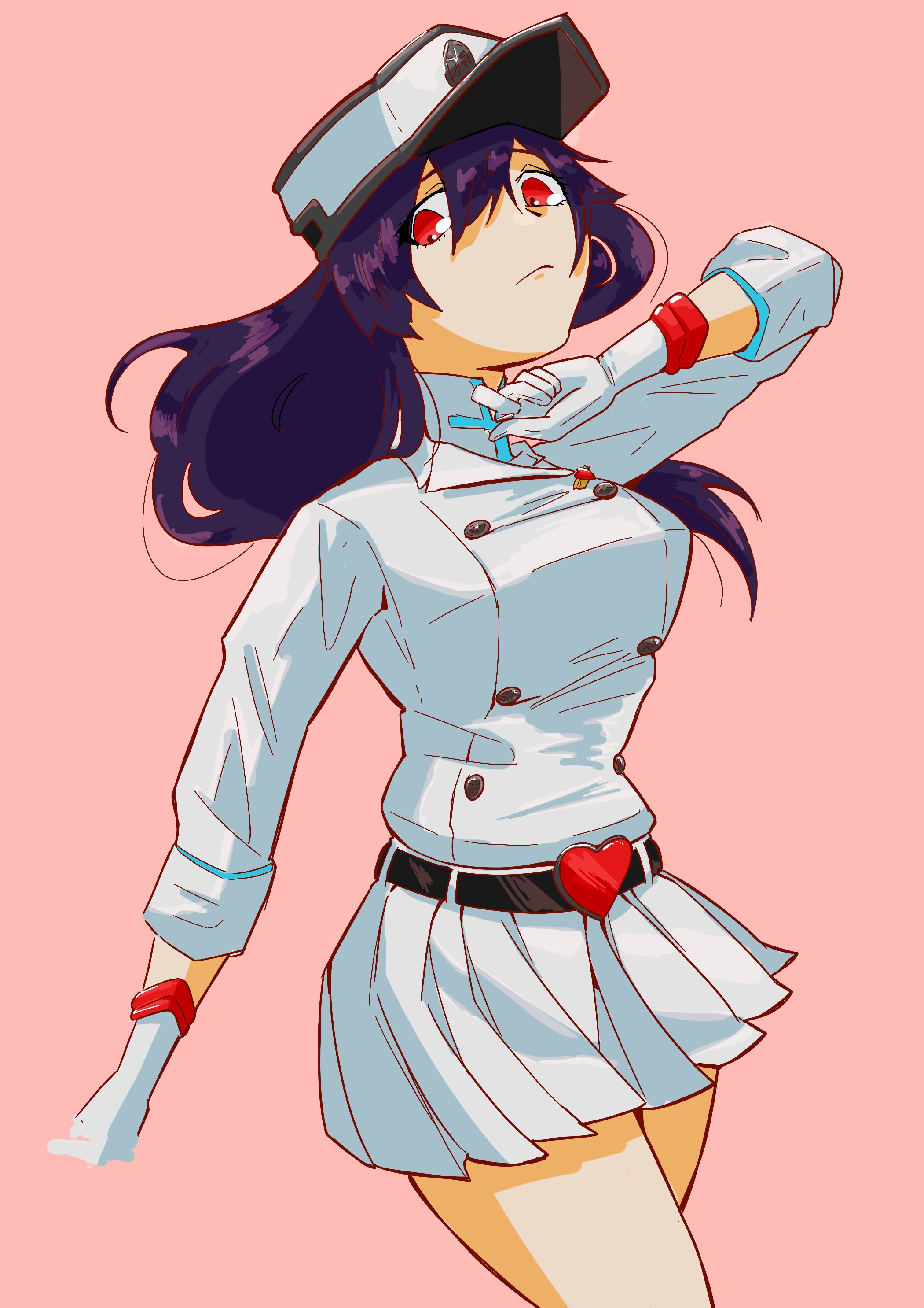 bambietta basterbine, bleach, bleach: sennen kessen-hen, absurdres, commentary, highres, 1girl, belt, black belt, breasts, buckle, gloves, hat, heart, heart-shaped buckle, jacket, long hair, medium breasts, purple hair, quincy (bleach), red eyes, skirt, solo, spinosaur1111, sternritter, wandenreich uniform, white gloves, white hat, white jacket, white skirt