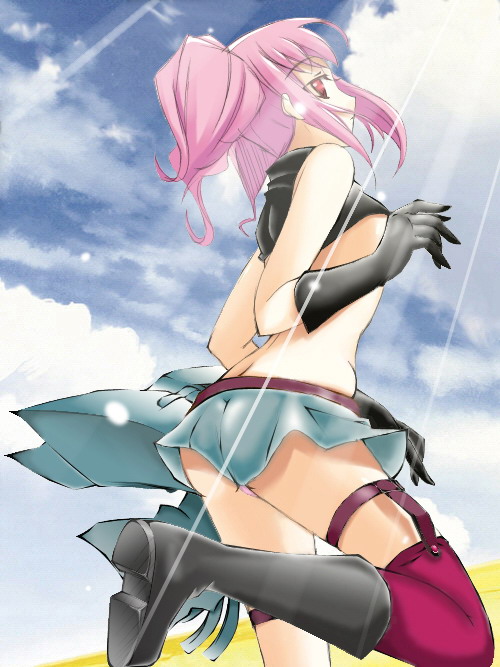 pursechan, anya alstreim, code geass, bad id, bad pixiv id, 00s, 1girl, ass, boots, female focus, gloves, pink hair, red eyes, skirt, solo, thighhighs