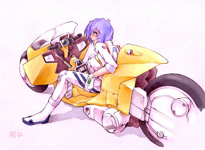 kotatsu-spirit, ayanami rei, eva 00, akira (manga), neon genesis evangelion, vehicle, 1990s (style), 1girl, blue hair, blush, crossover, cyberpunk, drugs, female focus, gloves, looking back, mecha pilot suit, motor vehicle, motorcycle, parody, pill, plugsuit (evangelion), retro artstyle, science fiction, short hair, signature, sketch, solo