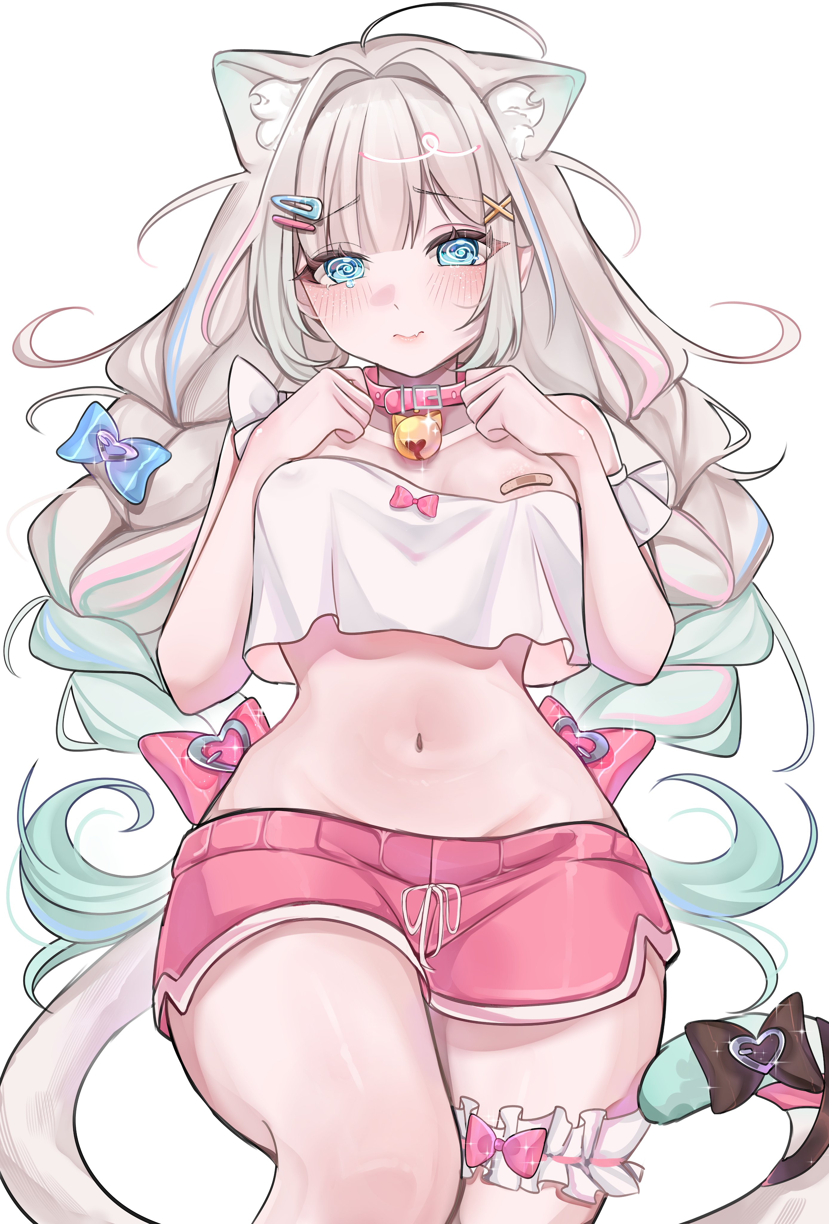 rosheil, mint fantome, mint fantome (otaku), indie virtual youtuber, absurdres, commentary, highres, 1girl, @ @, ahoge, animal ear fluff, animal ears, areola slip, bandaid, bandaids on nipples, bell, black bow, blue bow, blue eyes, blush, bow, braid, breasts, cat ears, cat girl, cat tail, clenched hands, closed mouth, collar, cowboy shot, crop top, cropped shirt, dolphin shorts, fang, frilled thigh strap, glands of montgomery, gradient hair, grey hair, hair bow, hair ornament, hairclip, hands up, jingle bell, long hair, looking at viewer, multicolored hair, navel, neck bell, official alternate costume, parted bangs, pasties, pink bow, pink collar, pink shorts, shirt, short shorts, shorts, simple background, skin fang, small breasts, solo, stomach, tail, tail bow, tail ornament, tearing up, thigh strap, twin braids, virtual youtuber, white background, white shirt, x hair ornament