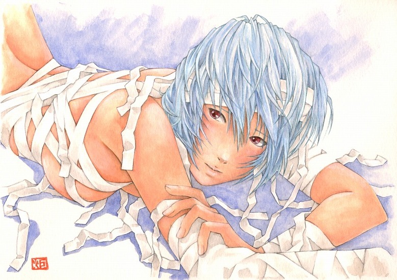 kotatsu-spirit, ayanami rei, neon genesis evangelion, 1girl, bandages, blue hair, breasts, female focus, lying, naked ribbon, on stomach, red eyes, ribbon, short hair, signature, sketch, solo