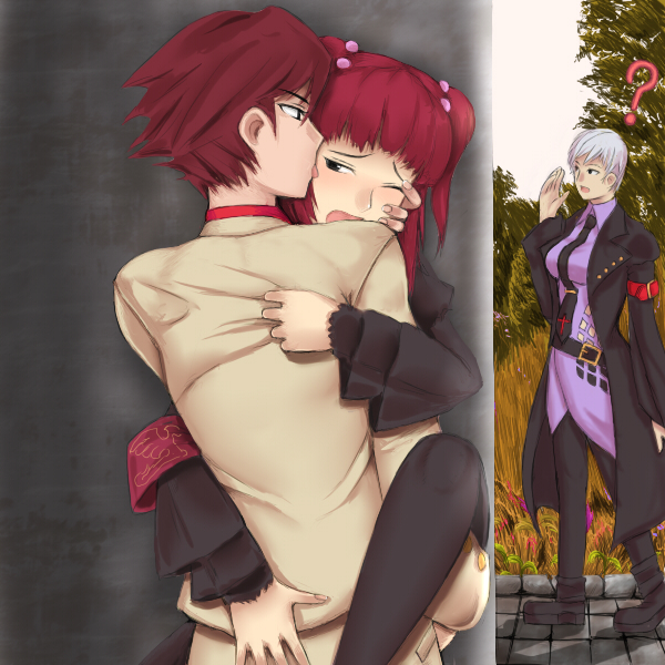 ushiromiya ange, ushiromiya battler, ushiromiya kyrie, umineko no naku koro ni, silver hair, bad id, bad pixiv id, 00s, 1boy, 2girls, against wall, armband, black eyes, blush, brother and sister, clothed sex, hair bobbles, hair ornament, incest, jacket, licking, multiple girls, necktie, red hair, sex, siblings, standing congress, thighhighs, time paradox, twintails, vaginal, wince