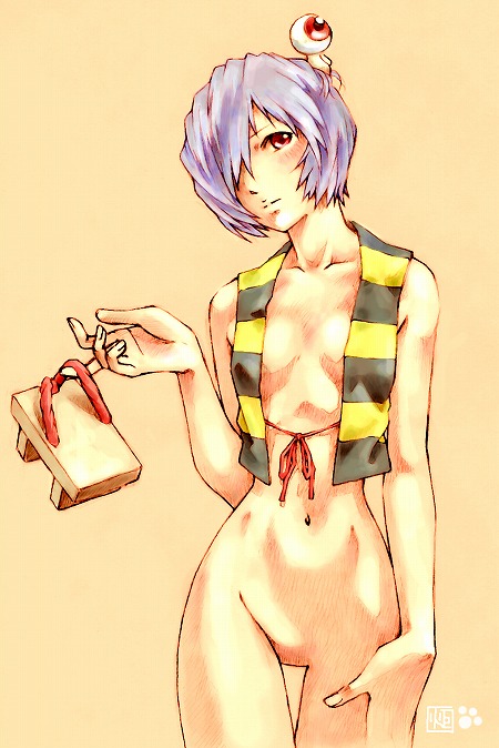 kotatsu-spirit, ayanami rei, kitarou, medama oyaji, gegege no kitarou, neon genesis evangelion, toei company, eyebrows, 1girl, bad anatomy, bad hands, blue hair, bottomless, breasts, closed mouth, collarbone, cosplay, eyeball, female focus, geta, hair over one eye, hand on own hip, hip focus, kitarou (cosplay), looking at viewer, navel, no pussy, parody, red eyes, sandals, short hair, signature, simple background, sketch, small breasts, solo, standing, thigh gap, wide hips