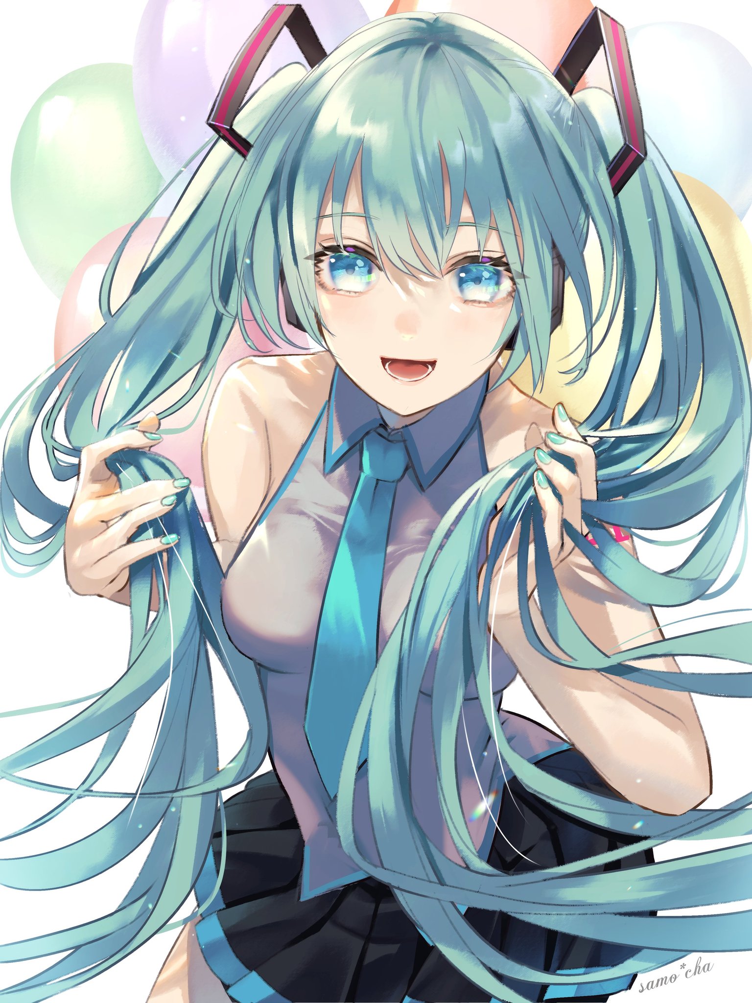samo cha, hatsune miku, vocaloid, highres, 1girl, aqua eyes, aqua hair, aqua nails, aqua necktie, aqua trim, arm tattoo, black skirt, breasts, collared shirt, grey shirt, hair between eyes, hair ornament, holding, holding own hair, long hair, looking at viewer, medium breasts, necktie, number tattoo, open mouth, pleated skirt, shirt, skirt, sleeveless, smile, solo, tattoo, twintails, very long hair