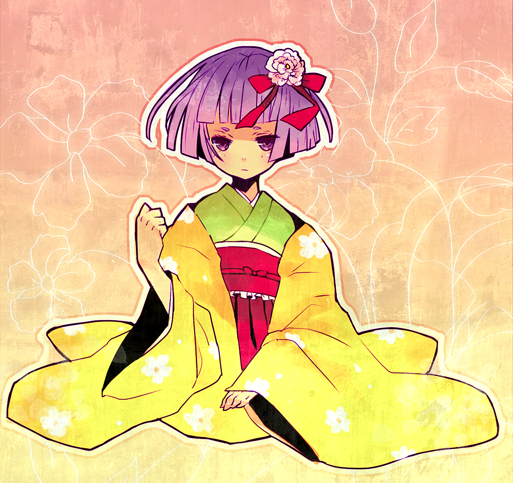 domotolain, hieda no akyuu, touhou, 1girl, blunt bangs, bob cut, female focus, flower, hair flower, hair ornament, japanese clothes, kimono, obi, plant, purple eyes, purple hair, sash, short hair, sitting, solo