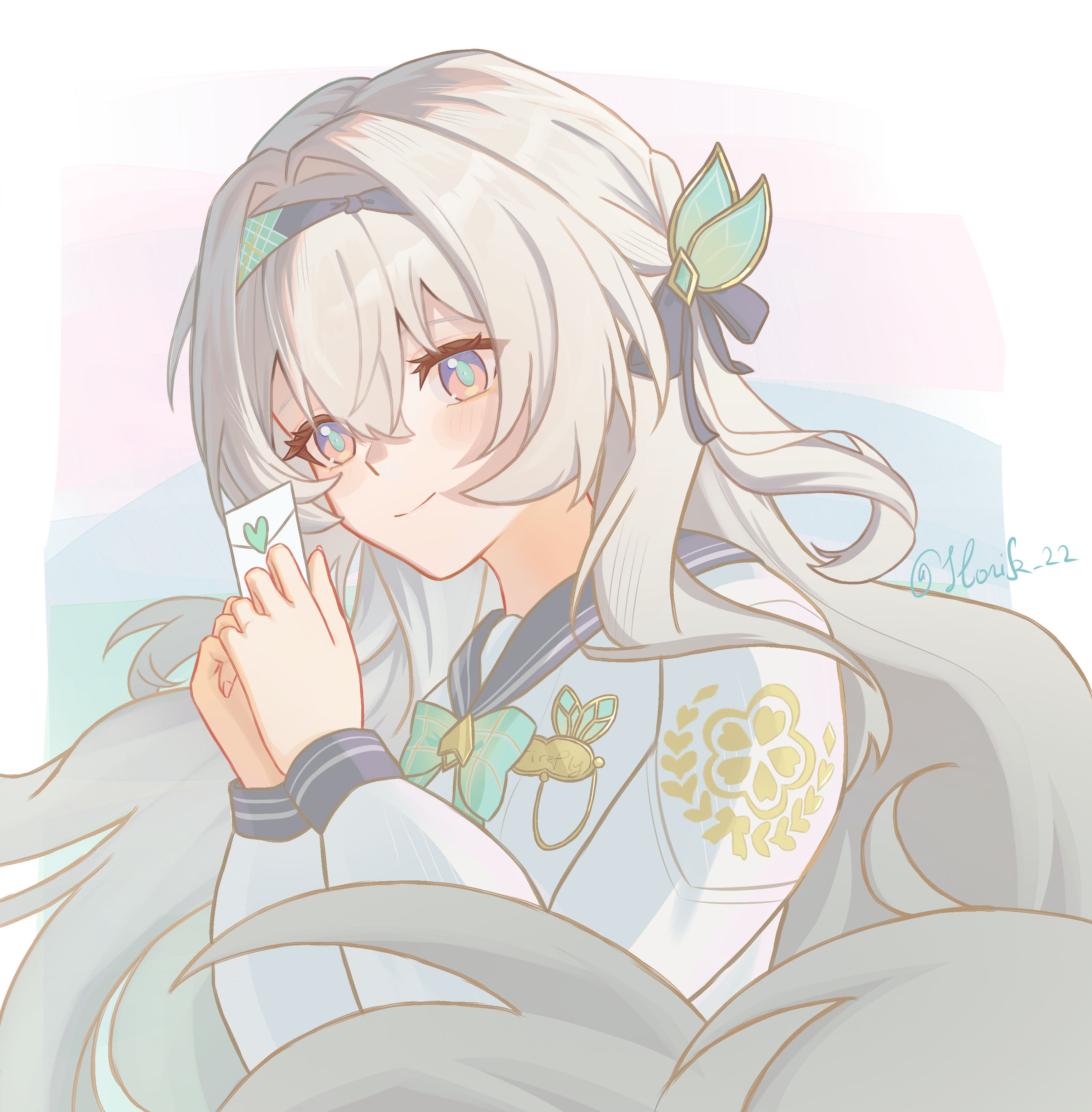 horik 22, firefly (honkai: star rail), firefly (spring missive) (honkai: star rail), honkai: star rail, honkai (series), absurdres, highres, 1girl, artist name, black hairband, black sailor collar, blue eyes, bow, bowtie, closed eyes, green bow, green bowtie, grey hair, hairband, holding, holding letter, letter, long hair, multicolored eyes, official alternate costume, pink eyes, sailor collar, school uniform, shirt, smile, solo, two-tone eyes, upper body, white shirt