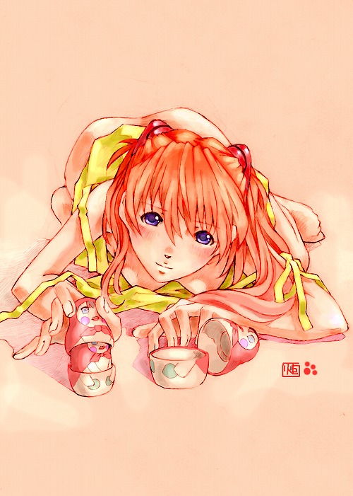 kotatsu-spirit, souryuu asuka langley, neon genesis evangelion, 1girl, all fours, ass, blue eyes, blush, breasts, cleavage, clothes lift, doll, downblouse, dress, dress lift, female focus, matryoshka doll, medium breasts, orange hair, purple eyes, red hair, russian dolls, signature, sketch, smile, solo, yellow dress