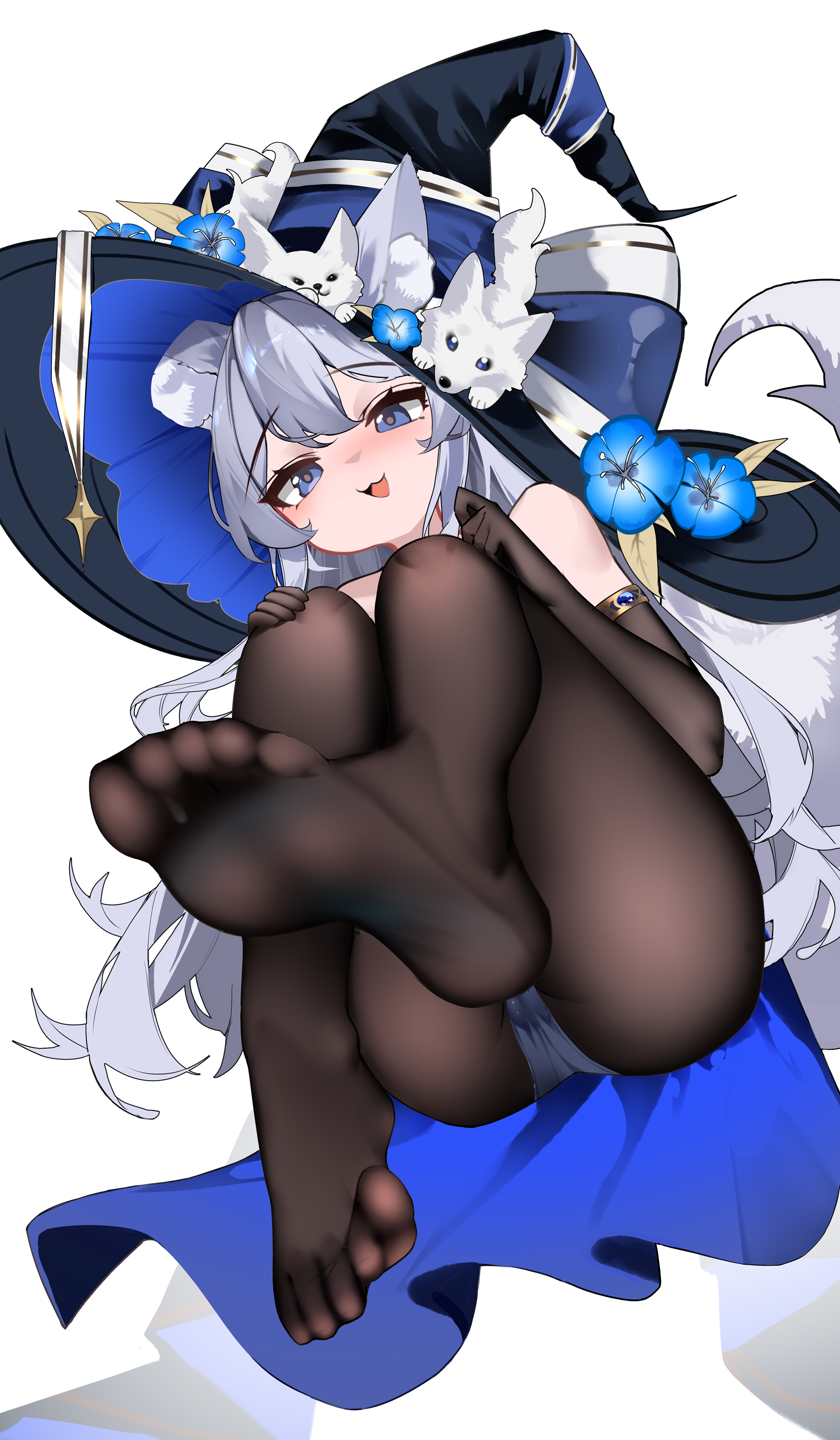 shenmi de xigua, original, covered pussy, gold armlet, absurdres, chinese commentary, commentary request, commission, highres, 1girl, :3, animal, animal ear fluff, animal ears, animal on head, armlet, ass, bare shoulders, black hat, blue eyes, blue hair, blue hat, blue leotard, brown gloves, brown pantyhose, elbow gloves, feet, foot focus, from below, full body, gloves, grey hair, hair between eyes, hat, jewelry, large hat, legs, leotard, long hair, looking at viewer, multicolored hat, no shoes, on head, open mouth, pantyhose, simple background, soles, solo, thighs, toes, white background, white hat