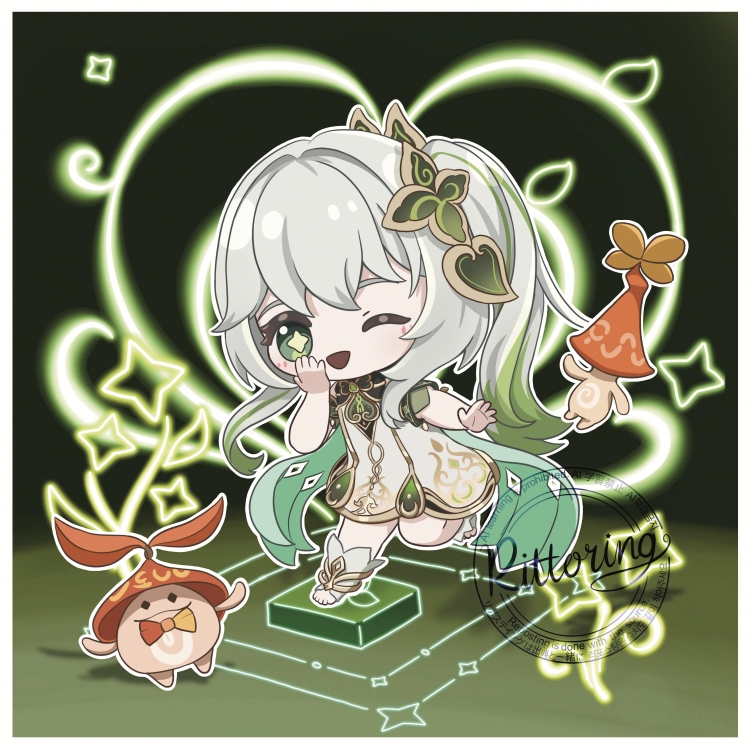 podomascha, aranara (genshin impact), nahida (genshin impact), genshin impact, commentary, 1girl, ;d, bare shoulders, bloomers, chibi, chibi only, detached sleeves, dress, gold trim, gradient hair, green eyes, green hair, green sleeves, hair between eyes, hair ornament, hand to own mouth, long hair, multicolored hair, one eye closed, open mouth, side ponytail, sleeveless, sleeveless dress, smile, solo, star-shaped pupils, star (symbol), stirrup legwear, symbol-shaped pupils, toeless legwear, toes, underwear, watermark, white bloomers, white dress, white hair