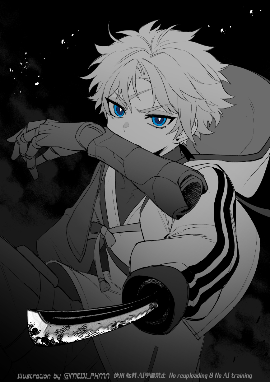 meiji ken, toudou heisuke (fate), fate/grand order, fate (series), highres, 1boy, aiming, aiming at viewer, blue eyes, earrings, greyscale, hood, hood down, hooded jacket, jacket, jewelry, monochrome, multicolored jacket, prosthesis, prosthetic arm, prosthetic arm removed, prosthetic sword, scar, scar on face, scar on forehead, single earring, solo, spot color, sword, triple vertical stripe, turtleneck, two-tone jacket, weapon