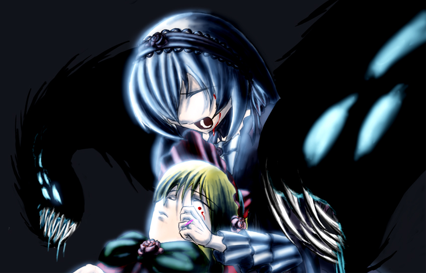 shinku, suigintou, rozen maiden, the darkness, 00s, blood, crossover, dark, tears