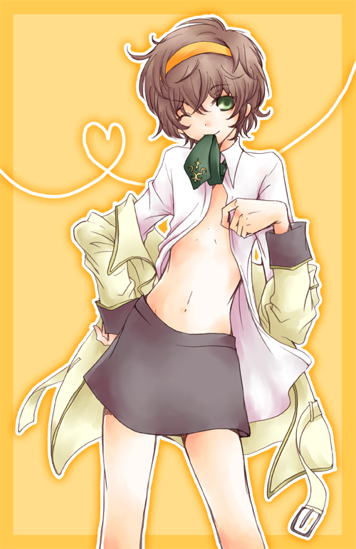 muu, kururugi suzaku, code geass, bad id, bad pixiv id, 00s, brown hair, crossdressing, crossdressing (mtf), green eyes, hairband, male focus, school uniform, skirt, solo, undressing