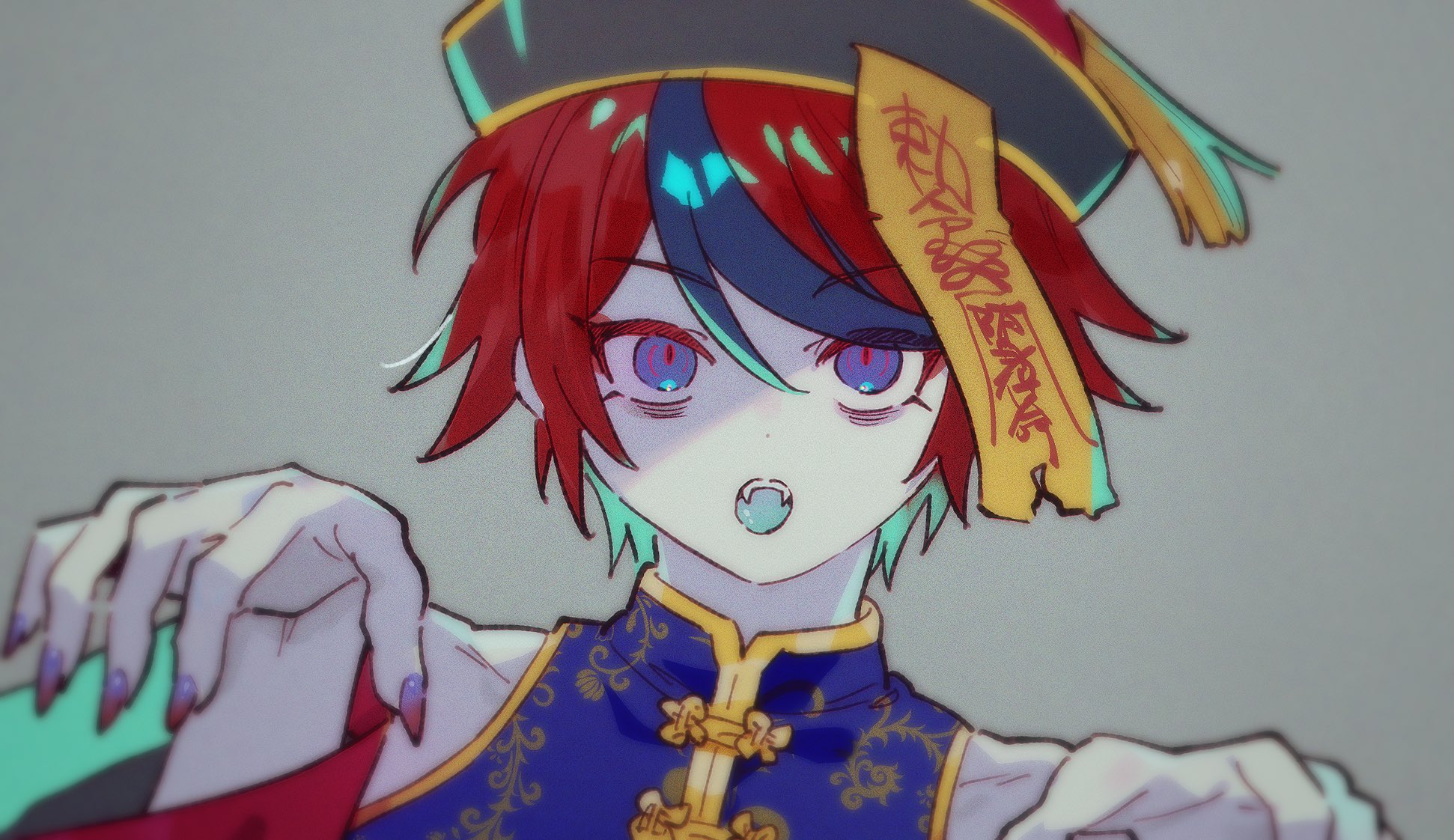 sieg gs, sumino takumi, the hundred line -last defense academy-, commentary request, highres, 1boy, :o, black streaks, blue eyes, china dress, chinese clothes, dress, fangs, fingernails, gradient nails, grey background, hat, jiangshi, looking at viewer, male focus, multicolored hair, ofuda, ofuda on clothes, open mouth, outstretched arms, portrait, purple nails, qingdai guanmao, red hair, red nails, sharp fingernails, short hair, slit pupils, solo, streaked hair, zombie pose