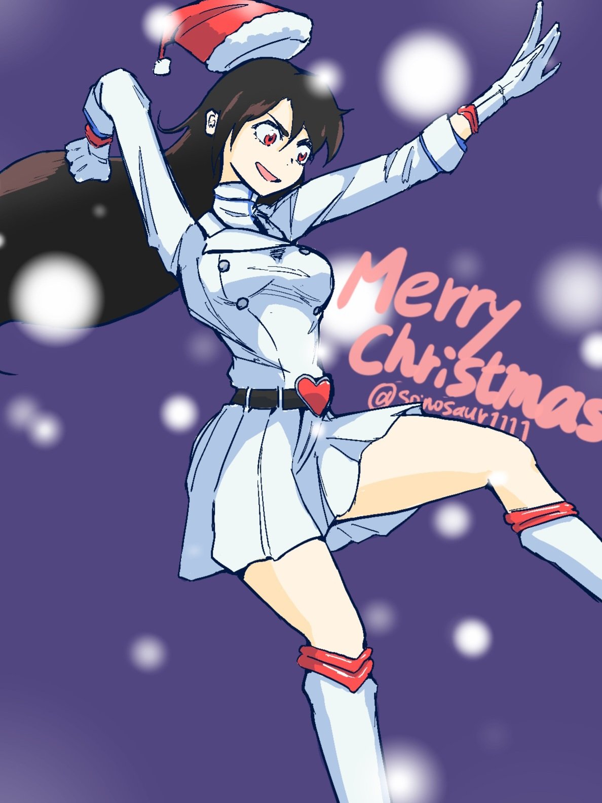 bambietta basterbine, bleach, bleach: sennen kessen-hen, commentary, highres, 1girl, belt, black belt, breasts, brown hair, buckle, gloves, hat, heart, heart-shaped buckle, jacket, long hair, medium breasts, merry christmas, purple background, quincy (bleach), red eyes, santa hat, skirt, smile, snowing, solo, spinosaur1111, sternritter, twitter username, wandenreich uniform, white gloves, white hat, white jacket, white skirt