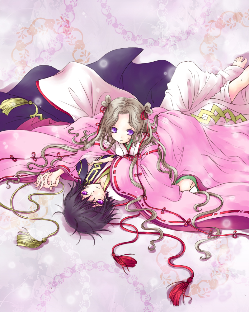 muu, lelouch vi britannia, nunnally vi britannia, code geass, bad id, bad pixiv id, 00s, barefoot, black hair, brother and sister, brown hair, feet, holding hands, japanese clothes, kimono, long hair, purple eyes, siblings, very long hair