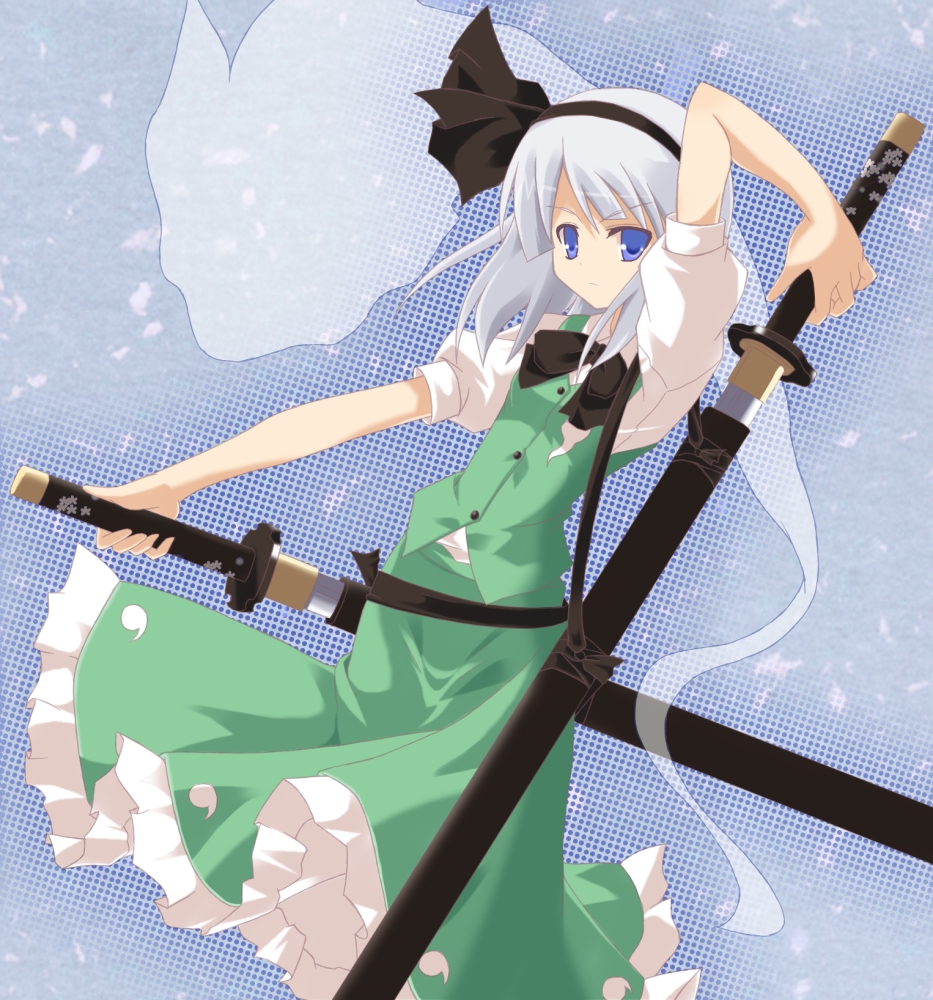 gumoyu, konpaku youmu, konpaku youmu (ghost), touhou, silver hair, bad id, bad pixiv id, 1girl, blue eyes, female focus, ghost, hairband, hitodama, katana, sheath, short hair, solo, sword, unsheathing, weapon
