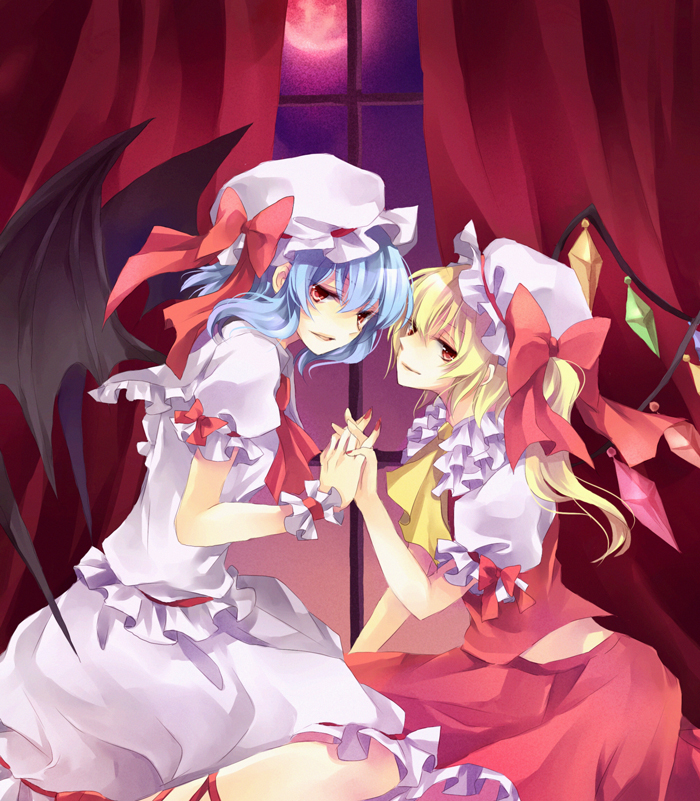 karu, yuzuki karu, flandre scarlet, remilia scarlet, touhou, bad id, bad pixiv id, 2girls, bat wings, blonde hair, demon girl, dress, female focus, hair ribbon, hat, holding hands, multiple girls, nail polish, red eyes, red nails, ribbon, siblings, sisters, vampire, white hair, wings