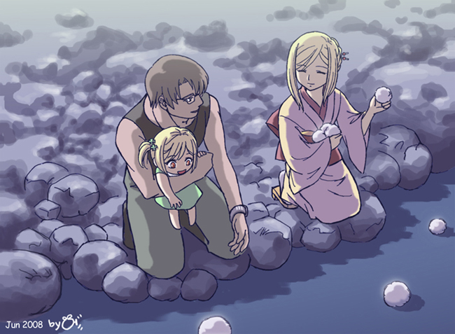 murasaki orange, orange541, takano miyo, tomitake jirou, higurashi no naku koro ni, 00s, 1boy, 2girls, cotton boll, cotton drifting, family, if they mated, japanese clothes, kimono, multiple girls, river, signature, water